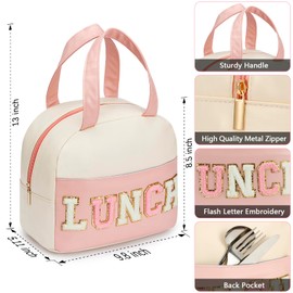 DIRGEE Lunch Bag for Women Insulated For Men PU leather Small Office Work lunch with Chenille Letters Leakproof Freezable Cooler Reusable Portable Box (White&Pink)