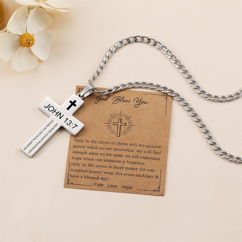 Cross Necklace for Men with Bible Verse, Christian Religious John