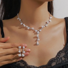 Wedding Jewelry Sets for Women Bridal Jewelry Set for Wedding Prom Necklace Earrings Sets Silver Rhinestone Necklace Earrings Set for Bridesmaid Dangle Earrings for Bride Wedding Costume Jewelry for Women