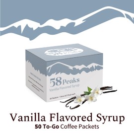 58Peaks Vanilla Flavored Syrup Sweetener Packets for Hot and Cold Drinks | To-Go Syrup Flavoring Perfect for Coffee, Tea, Milkshake and More | Flavored Coffee Syrups for Travel | 15mL | 50-Pack