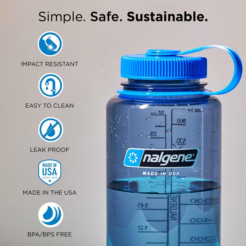 Nalgene Tritan Wide Mouth BPA-Free Water Bottle, Grey w/ Blue
