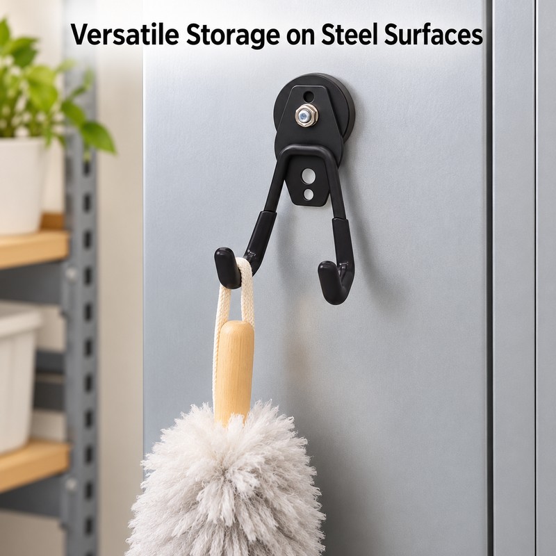 Magnetic Garage Hook, Heavy-Duty Double-Prong Tool Hanger, No-Drill Magnetic Storage