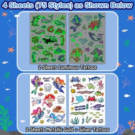 Cerlaza 75 Styles Under Sea Temporary Tattoos for Kids, Ocean Beach Pool Party Supplies Favors Decorations, Fake Tattoo Stickers with Mermaid/Shark/Dolphin/Fish (Metallic Glitter + Glow Styles)