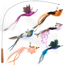 Interactive Cat Toys for Indoor Cats - 35'' Steel Wire and 6PCS Cat Feather Bird Toys Refills,Cat Teaser Toy,Cat Wand Toy ,Feathers & Bells, Realistic Bird Impression (7 PCS Cat Wand Toy Birds)