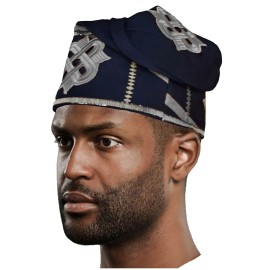 Dupsie's Navy-blue and Silver Embroidered African Hand woven Aso Oke Hat - 25 Inches, Size 8 (XXL)