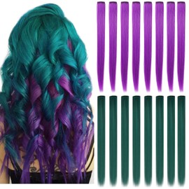 SARARHY Colored Hair Extensions Clip in Holiday Party Highlights 21 inch Straight Synthetic Dark teal Purple Hairpieces for Girls Women Girls Hair Accessories 16 PCS (Dark teal+Purple)