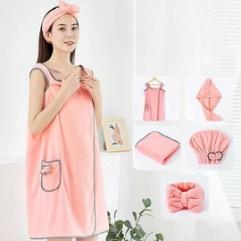 Mumusuki Toallas para Secar el Cabello, Toalla de Baño de Terciopelo Coralino Suave, Falda con Tirantes para Adultos, Banda para el Cabello, Vestido de Baño Usable con Fuerte Absorción de