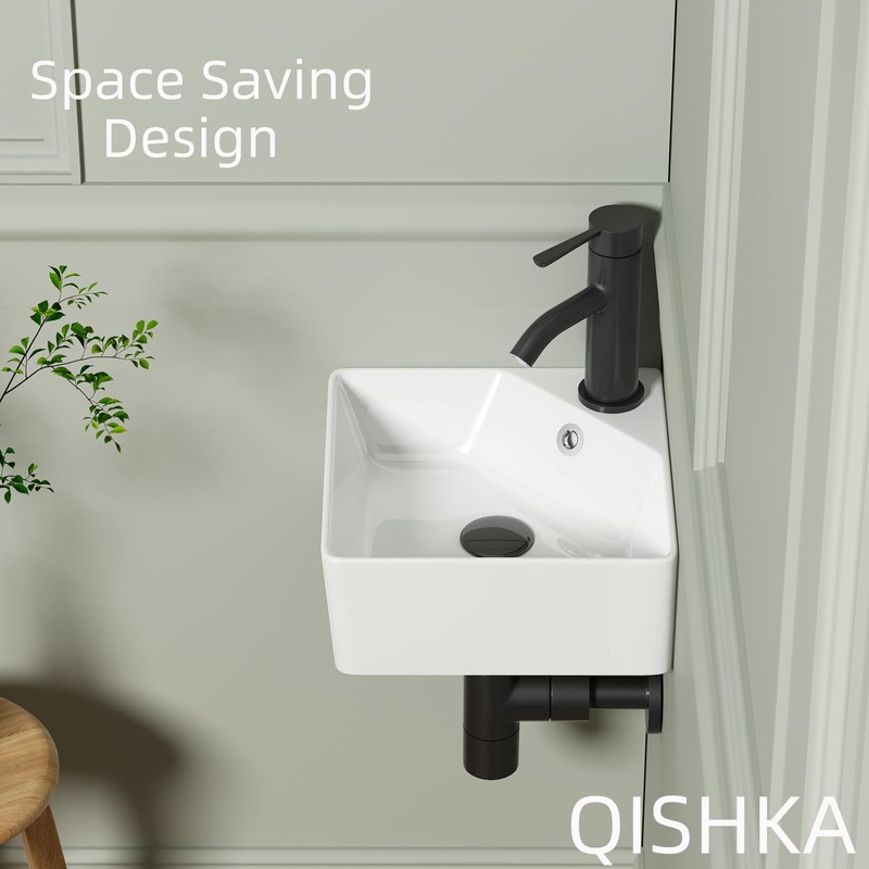 Wall Mount Corner Bathroom Sink, QISHKA 12" X 12" Square