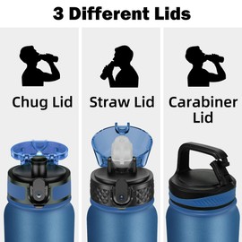 OLDLEY Insulated Water Bottle 32oz Water Bottles with Straw, Stainless Steel Water Bottle with 3 Lids, Double Wall Vacuum Bottles for Adult Kids, Sports Bottles for School Travel,Blue-black