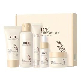 Kit Cuidado Facial BeauBase Arroz Radiante 5 Piezas Limpiador Tónico Suero Crema Ojos Humectante Set de Regalo Mujer Niñas Piel Suave Radiante Luminos