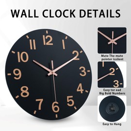 HZDHCLH Wall Clock 12 Inch Silent Non Ticking Wood Battery Operated Black Wooden Modern Wall Clock Sweep Movement Decorative Office Kitchen Home Bathroom Living Room