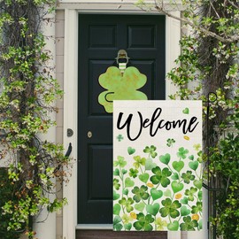 CROWNED BEAUTY St Patricks Day Garden Flag Green Shamrocks 12x18 Inch Double Sided for Outside Small Welcome Burlap Holiday Clovers Yard Decoration