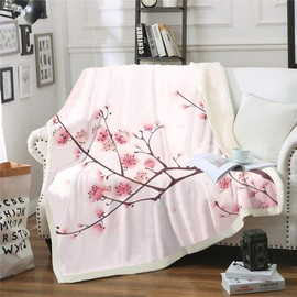 Girls Cherry Blossoms Fleece Blanket Women Floral Sakura Flowers Branch Sherpa Throw Blanket for Bed Sofa Couch Decor Pale Pink Floral Plush Blanket Soft Japanese Spring Fuzzy BlanketQueen 90"x90"