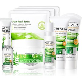 Set De Cuidado Facial Con Aloe Vera, Kit Facial Con Limpiador Facial, Tónico, Contorno De Ojos, Sérum Facial, Gel Exfoliante, Crema Facial Y 3 Mascarillas, Kit De Viaje Para Mujer (9 Unidades)