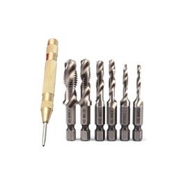 YFFSFDC Drill Tap, Drill Bit, Hexagonal Shank, Set of 6, Automatic Center Punch, Chamfering Tap, Multifunctional, Drilling, Threading, Tap, Spiral, HSS High Speed Steel, M3 M4 M5 M6 M8 M10 Tap Drill Set (Silver)