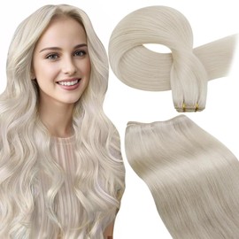 Hetto Weft Hair Extensions Real Human Hair Blonde Sew in Extensions Natural Human Hair Invisible 12 Inch 70g #60 Platinum Blonde