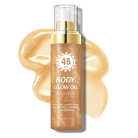 QIUFSSE Glitter Sunscreen Oil with Coconut,SPF 45 Broad Spectrum,Body Shimmer Oil with Gold Mica,Lightweight Non-Sticky,Water Resistant,Glowing Results,3.72 fl oz,AMBER
