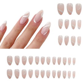 24 Pcs Fake Nails Curve White Line False Nails Thin Artificial Nails for Party and Daily Life