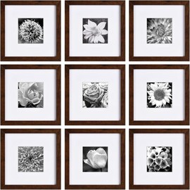 12x12 Picture Frames Black Set of 9, Square Photo Frame Displays 8x8 with Mat or 12x12 without Mat, Gallery Wall Frame Set for Wall Hanging - Color: Brown, Size: 8"x8", 9 pack