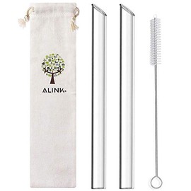 ALINK Reusable Glass Boba Straws, 14mm Extra Wide Clear Straws for Smoothies, Bubble Tea, Pack of 2 with Carrying Case and Cleaning Brush