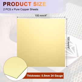 sourcing map 2Pcs Pure Brass Sheet, 4" x 4", 24 Gauge (0.5mm) Thickness, Metal Brass Plate with Gloves for Crafting, Modelers, Jewelry, Repairs, Electrical Repairs (Gold)