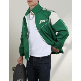 Yimoon Men's Lightweight Windbreaker Jacket Casual Zip Up Outdoor Varsity Jacket Patchwork Vintage Y2K Outerwear(Green-S)