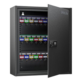 Uniclife 60 Position Key Cabinet Steel Security Storage Box with Combination & Key Lock, Resettable, Digital, Adjustable Racks, Colorful Labels & Hooks