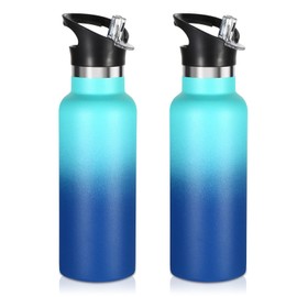 Volhoply 17oz Insulated Water Bottle Bulk 2 Pack,Stainless Steel Kids Water Bottles with Straw Lid,Reusable Metal Water Flask,Double Wall Vacuum Sports School Thermos Keep Hot & Cold(Green Blue,2 Set)