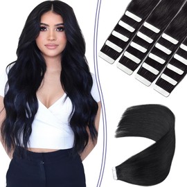 Sindra Tape-In Extensions, Real Human Hair, Black, 20 Pieces, 50 g, 40 cm, Invisible Tape-In Extensions, Real Hair, Remy, Silky Straight, Skin Weft, T#1, 16 Inches