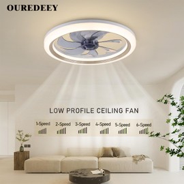 OurEDee 20'' Ceiling Fan with Lights & Remote, Low Profile, 6 Wind Speeds, Dimmable Light, Modern White Flush Mount, Smart for Home (Gold+Grey)