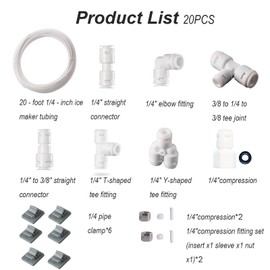 20PCS 1/4" Ice Maker & Refrigerator Water Line Kit - Complete Installation Solution for Ice Makers & Fridges (20FT Water Line with 19 Quick Fittings) Compatible with Reverse Osmosis Systems