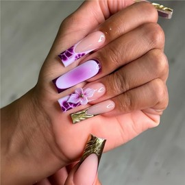 Long Press on Nails Square Fake Nails French False Nails Purple Artificial Nails with Gold Charm Designs Floral Stick on Nails for Women 24pcs