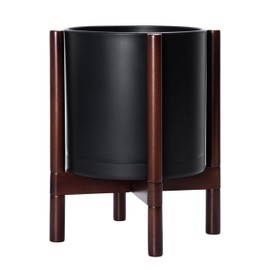 D'vine Dev Planter Pot with Stand - 12 Inch Plastic Cylinder Flower Pot with Wood Planter Holder for Indoor, Black Pot + Mahogany Stand, 55-C-W-2