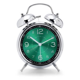 Lafocuse Double Bell Alarm Clock, 16 cm, Analogue, No Ticking, Metal Green Alarm Clock with Large Dial, Silent Bedside Table Clock with Night Light for Bedroom, Office