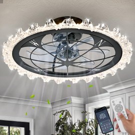 Vintage Ceiling Fan with Light and Remote&APP, Black Caged Flush Mount Ceiling Fans, Low Profile Fandelier Ceiling Fan, 3 Colors Dimmable LED Lights and 6 Speeds, for Farmhouse, Kitchen, Bedroom
