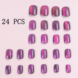 Sparkling Purple Press on Nails Medium Square Fake Nails Glossy Dark Purple False Nails Reusable Acrylic Stick on Nails with Glue on Nails for Women DIY Charm Daily Wear Manicure decoration 24 Pcs