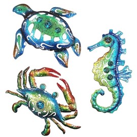 J-Fly Metal Sea Turtle Seahorse Crab Beach Themed Bathroom Wall Art Decor, Ocean Themed Wall Decorations for Home Bathroom, 10 Inches, Set of 3