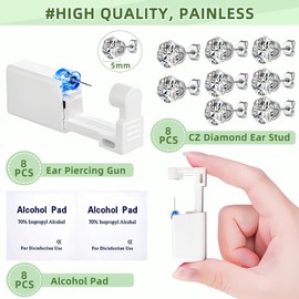 24 Pcs Ear Piercing Kit Disposable Ear Piercing Gun Kit with 8 Pcs Self Piercing Gun and 8 Pcs Earrings Stud 8 Pcs Cleaning Pads