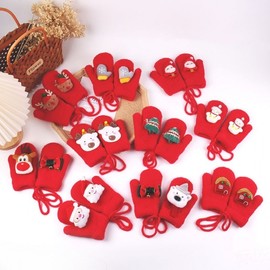 Kids' Christmas Red Mittens for Autumn/Winter Christmas Bell Bear (Brushed, Free Size) 4ea