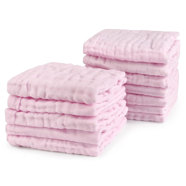 Viviland Muslin Baby Washcloths 12 Pack, 100% Cotton Wash Cloths for Babies, Large 12 X 12 inchs Absorbent and Soft Newborn Essentials Must Haves - Pink