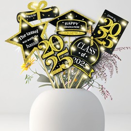 30 Pcs Graduation Party Centerpieces Decorations for Tables Class of 2025 Glitter Black and Gold Graduation Table Centerpieces Sticks College High School Congrats Grad Party Supplies