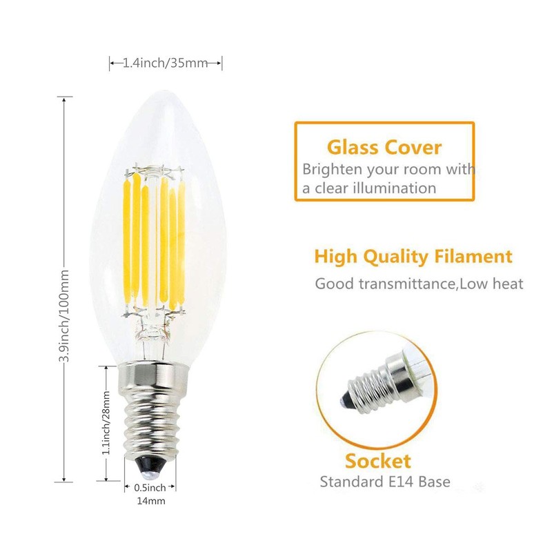 Lamsky E14 LED Filament Candle Shape Light Bulb,E14 European Base