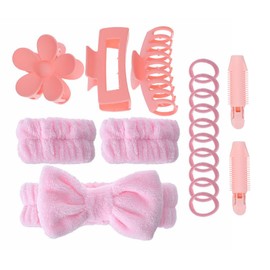 LUUFAN 18PCS Skincare Headband Set for Face Washing Makeup and Spa, Soft Hairband Wristband Hair Claw Clips Hair-Hoops Temporary Curling Tools for Women Girls, Pink