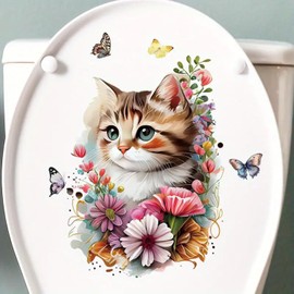 Flower Cat Toilet Cover Sticker Decals,Fish Bird Flower Leaf Waterproof Toilet Lid Tank Seat Decals Cistern Self-Adhesive Bathroom Wall Sticker