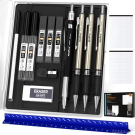 Nicpro 16PCS Drafting Tools with 12‘’ Aluminum Architect Scale Ruler, Mechanical Pencils 0.5, 0.7, 0.9 & 2mm, Lead Refills, 2 Pack Graph Paper Pad, Geometry Drawing Kit for Engineers Students Design