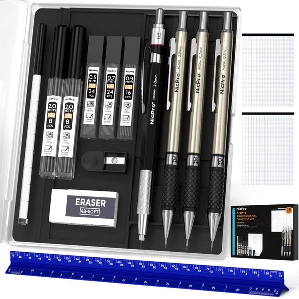 Nicpro 16PCS Drafting Tools with 12‘’ Aluminum Architect Scale Ruler,