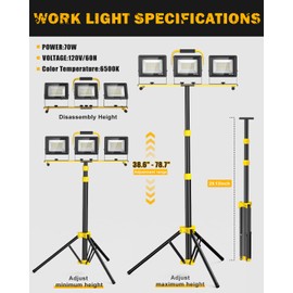Upgraded LED Work Lights with Stand, 21000 Lumen 3-Head Adjustable Work Light, IP66 Waterproof Construction Tripod Light, Foldable & Portable Work Lights for Garage, Job Site, Outdoor Use