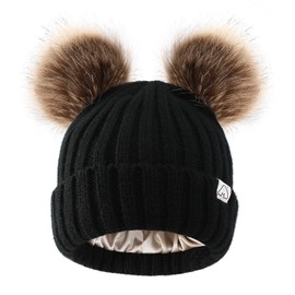 Hat Hut Winter Hats for Women Satin Lined Beanie Hats for Women Ladies Bobble Hat Double Pom Pom Beanie Cap (B2-Black 2 Brown Poms)