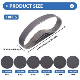 Taokyid 18 Pack 1-1/8 x 21 Inch Silicon Carbide Sanding Belts, 3 Each of 120 240 400 600 800 1000 Grits Belts for Makita Sander, 1-1/8-Inch x 21-Inch Abrasive Sander Belts