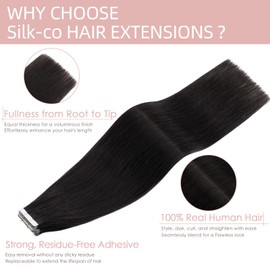 Silk-co Tape in Remy Hair Extensions Human Hair Skin Weft Seamless Straight Real Human Hair 18" 20 Pcs, 50g/Set Jet Black
